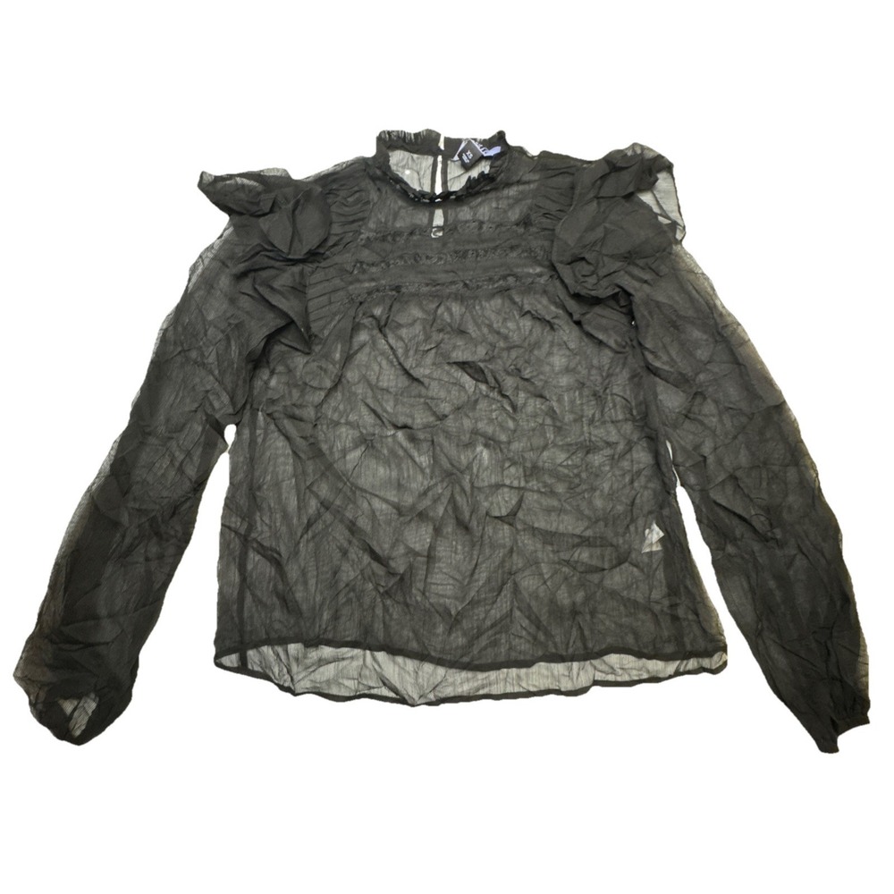 Vylette Womens XS Black Sheer Lace Ruffle Mock Neck Long Sleeve Blouse Top‎